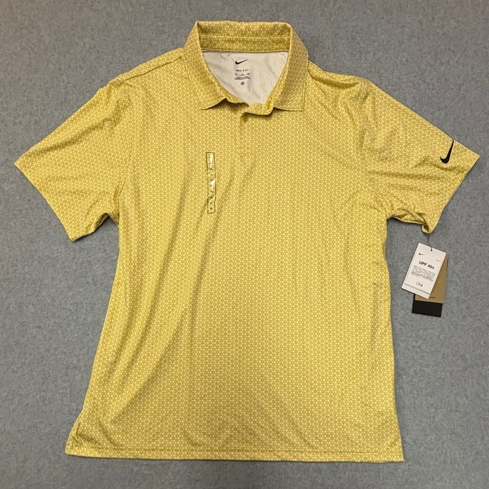 Nike Dri-FIT Mens Golf Polo Shirt Yellow Geometric Pattern UPF 40+ XL New